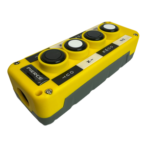 Introducing the PIERCE Universal Momentary Pendant Control - 4 Button, featuring a yellow and gray control panel with four buttons labeled with symbols and text. Its water-resistant design guarantees durability in various settings.