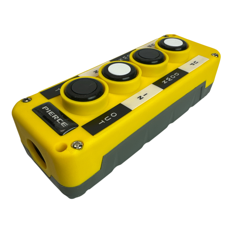 Introducing the PIERCE Universal Momentary Pendant Control - 4 Button, featuring a yellow and gray control panel with four buttons labeled with symbols and text. Its water-resistant design guarantees durability in various settings.