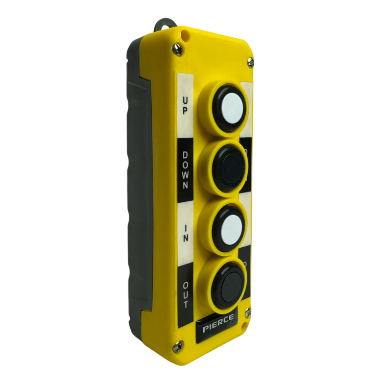 The PIERCE Universal Momentary Pendant Control - 4 Button features a yellow control panel with buttons labeled Up, Down, In, and Out. It is designed to be water-resistant for enhanced durability in various environments.