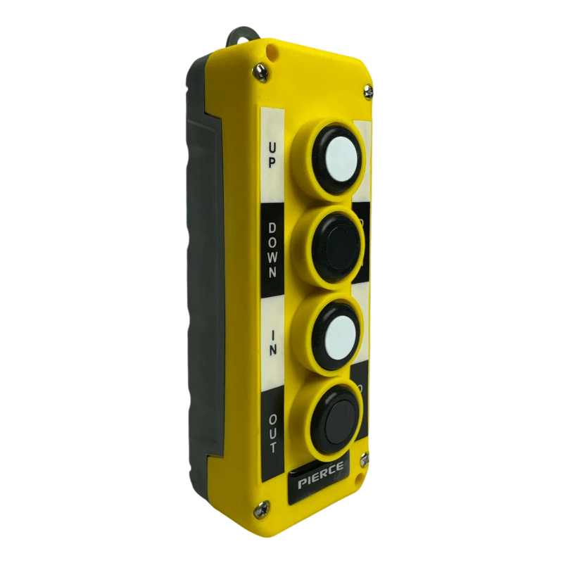 The Asetek Enterprise Company LTD Universal Momentary Pendant Control - 4 Button features black and white buttons labeled up, down, in, and out—perfect for industrial use or with hydraulic power packs.