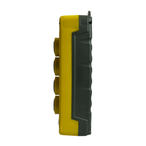 Side view of the PIERCE Universal Momentary Pendant Control, a rugged handheld wireless remote in yellow and gray with four yellow buttons, boasting a water-resistant design.