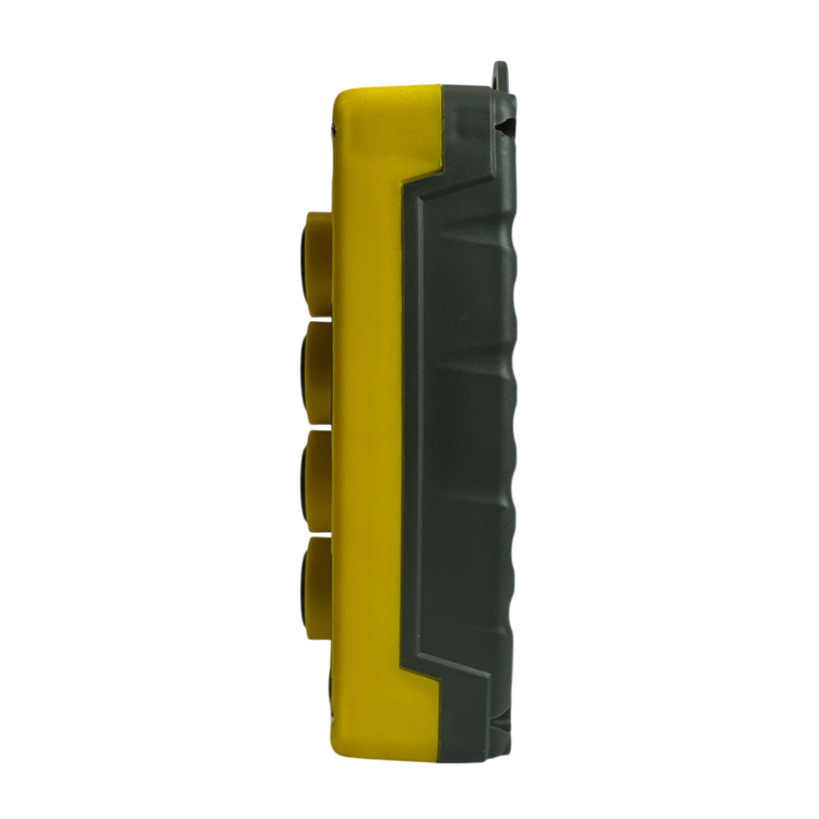 Side view of the PIERCE Universal Momentary Pendant Control, a rugged handheld wireless remote in yellow and gray with four yellow buttons, boasting a water-resistant design.