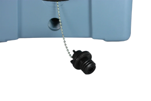 A black plastic cap on a chain hangs from the blue PIERCE VaxMate Vaccine Cooler, with a circular hole above it—an essential vet supply.