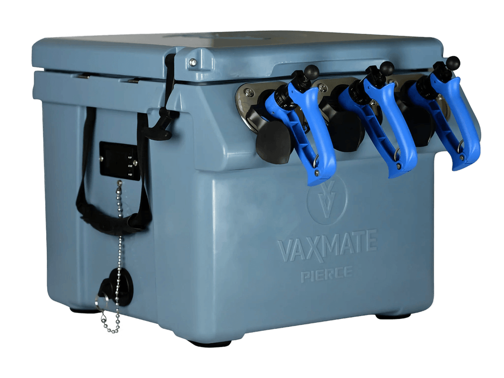 A blue PIERCE VaxMate Vaccine Cooler with three blue cattle vaccine applicator guns attached to the front.