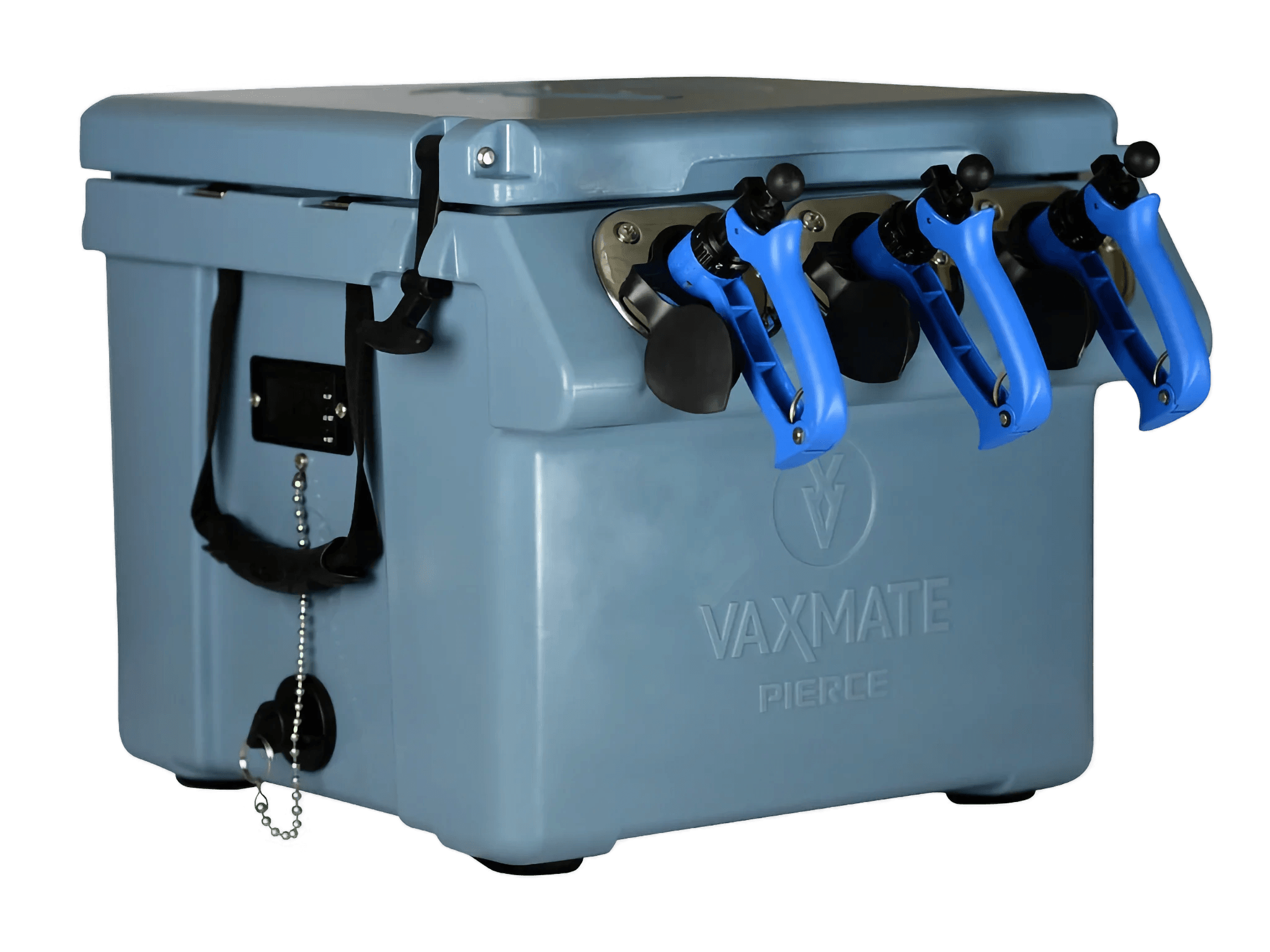 A blue PIERCE VaxMate Vaccine Cooler with three blue cattle vaccine applicator guns attached to the front.