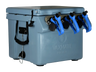 A blue PIERCE VaxMate Vaccine Cooler with three blue cattle vaccine applicator guns attached to the front.