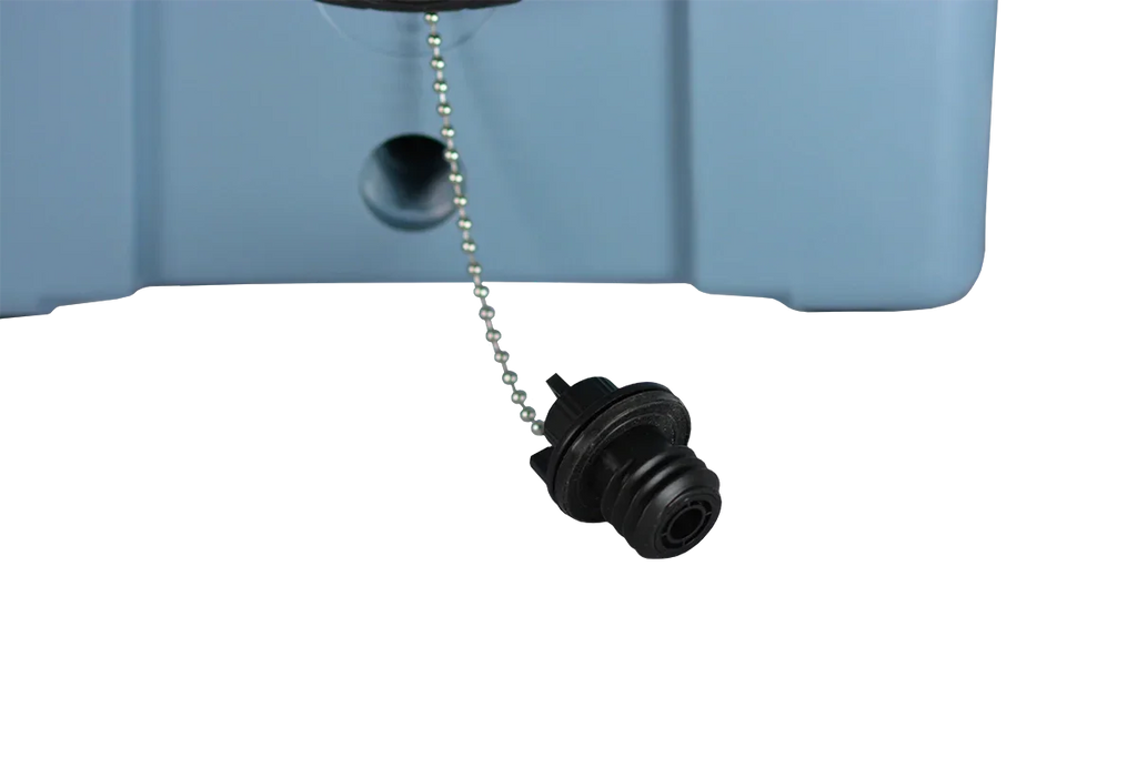 Close-up of a black plastic cap on a chain attached to the blue VaxMate Vaccine Cooler by Ningbo Kuer Co., LTD CoolKayak, an essential item for proper vaccine storage among veterinary supplies.