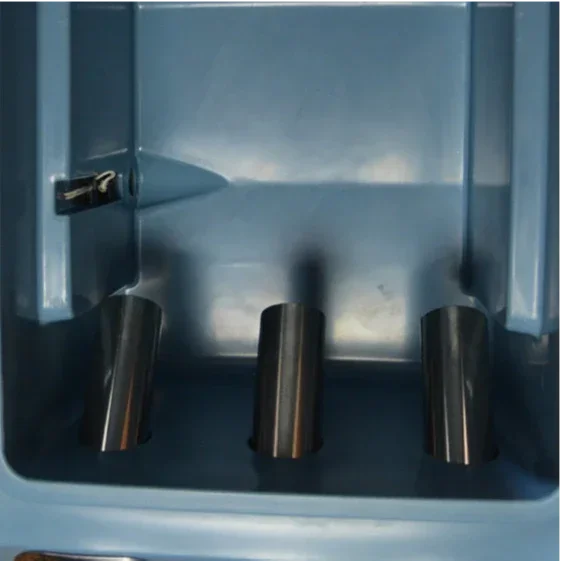 Close-up of three metal filling spouts inside the VaxMate Vaccine Cooler by Ningbo Kuer Co., LTD CoolKayak, designed for efficient vaccine storage and handling in veterinary supplies.