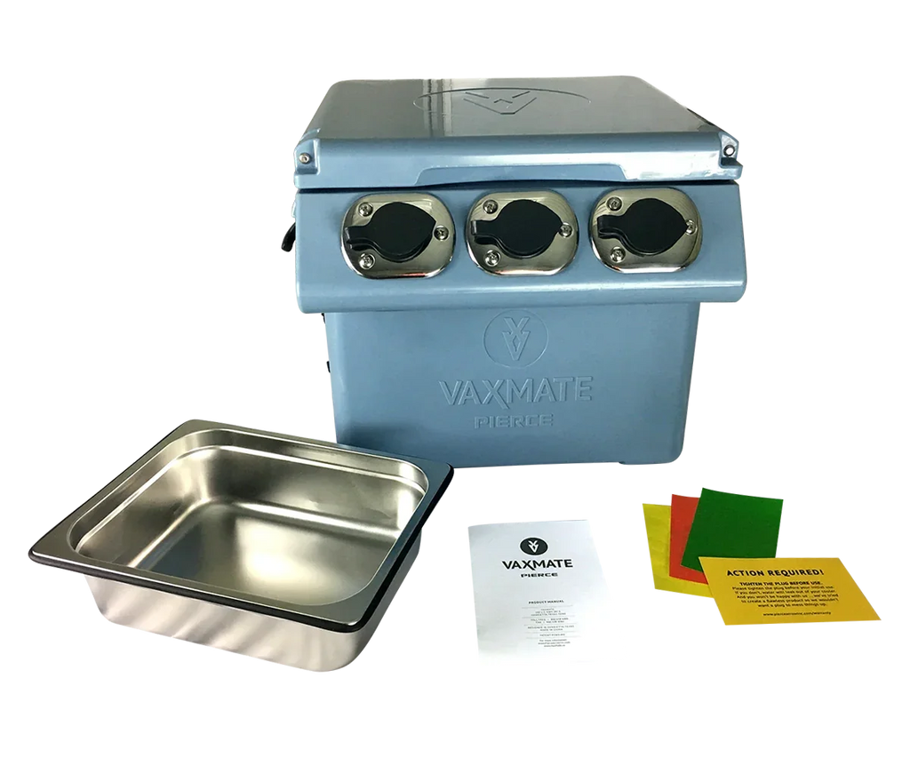 A blue VaxMate Vaccine Cooler by Ningbo Kuer Co., LTD CoolKayak with three holes, a metal tray, instruction sheet, and colored cards is shown on a white background.