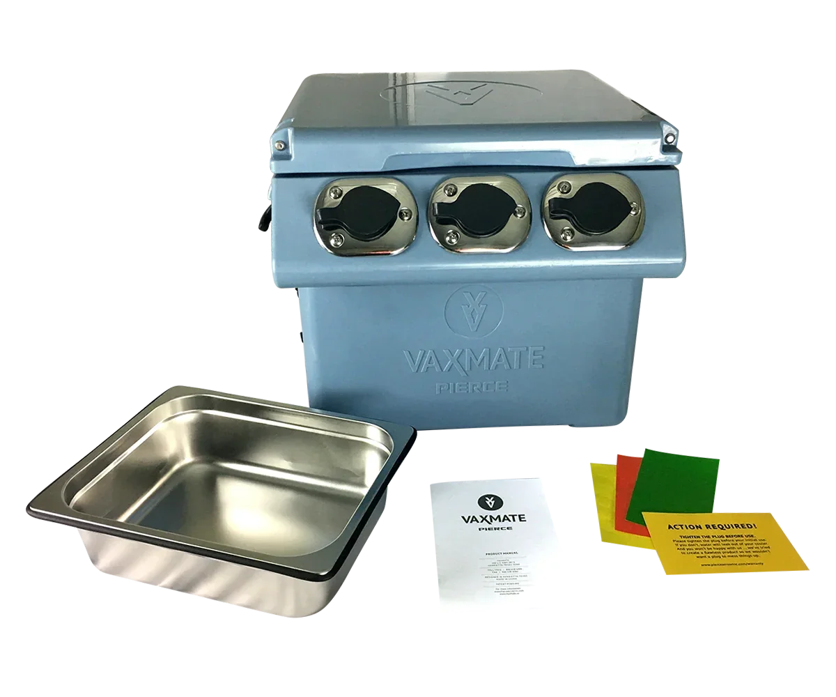 A blue VaxMate Vaccine Cooler by Ningbo Kuer Co., LTD CoolKayak with three holes, a metal tray, instruction sheet, and colored cards is shown on a white background.