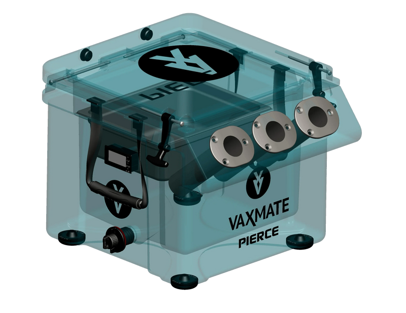 The VaxMate Vaccine Cooler by Ningbo Kuer Co., LTD CoolKayak is a transparent blue box with handle and round ports, designed for safe storage and transport of livestock vaccines and veterinary supplies.