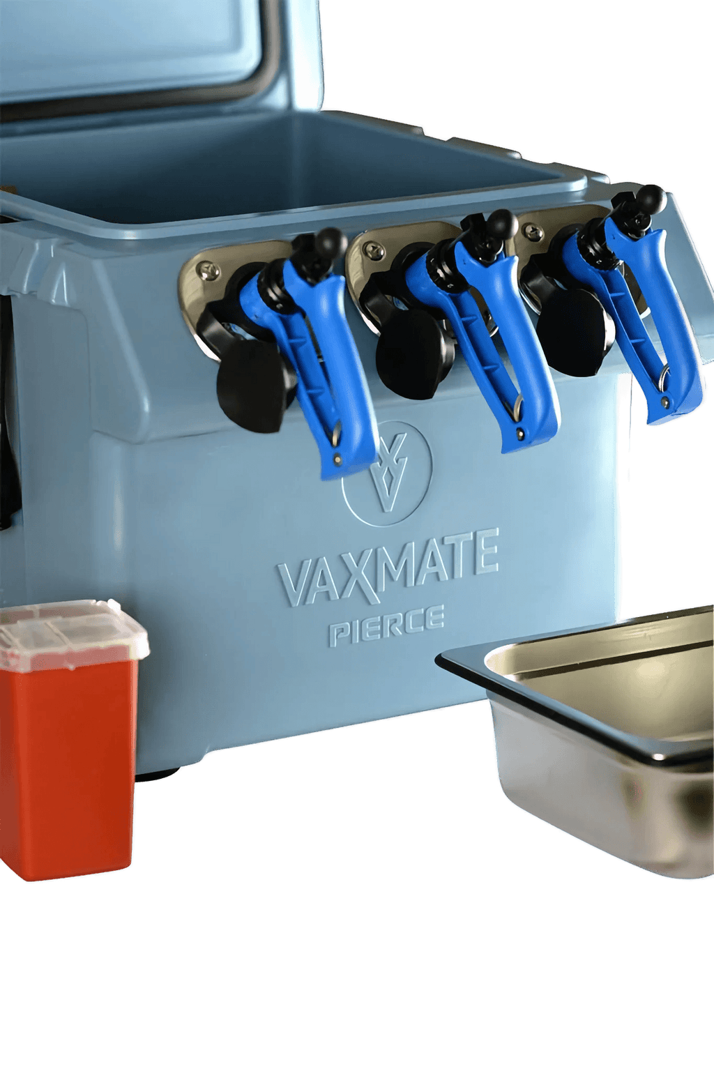 The VaxMate Vaccine Cooler by Ningbo Kuer Co., LTD CoolKayak includes three blue dispensers and medical containers, providing efficient vaccine storage among veterinary supplies.