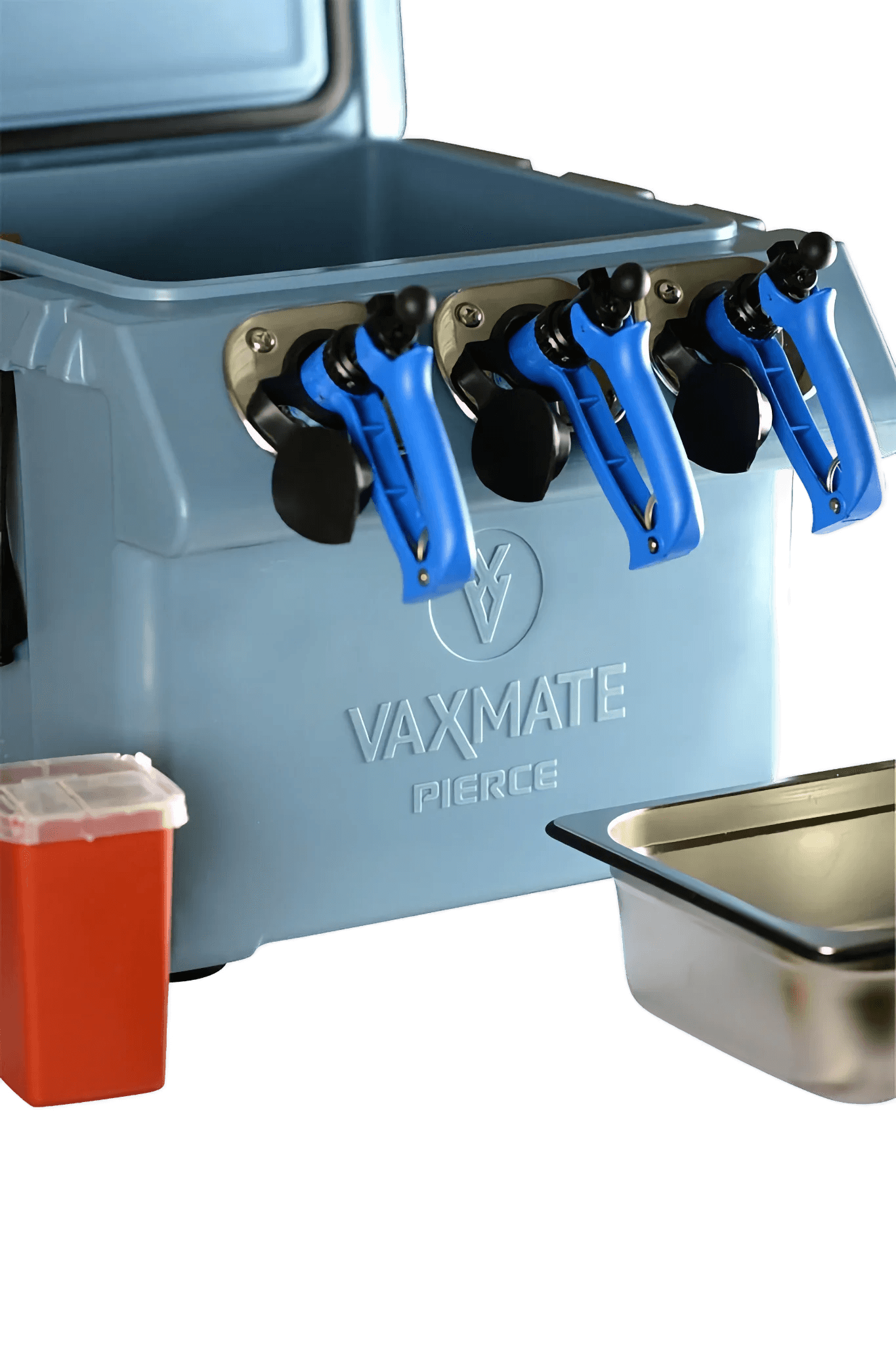 The VaxMate Vaccine Cooler by Ningbo Kuer Co., LTD CoolKayak includes three blue dispensers and medical containers, providing efficient vaccine storage among veterinary supplies.
