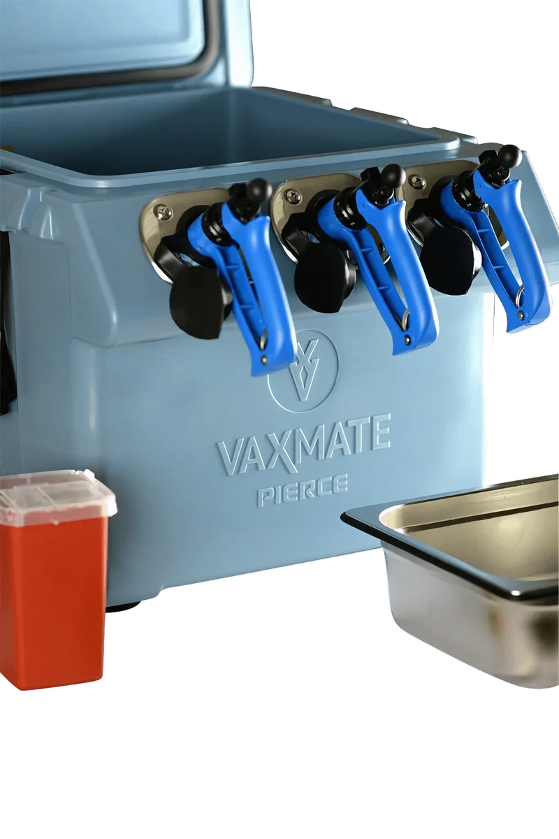 The VaxMate Vaccine Cooler by Ningbo Kuer Co., LTD CoolKayak includes three blue dispensers and medical containers, providing efficient vaccine storage among veterinary supplies.