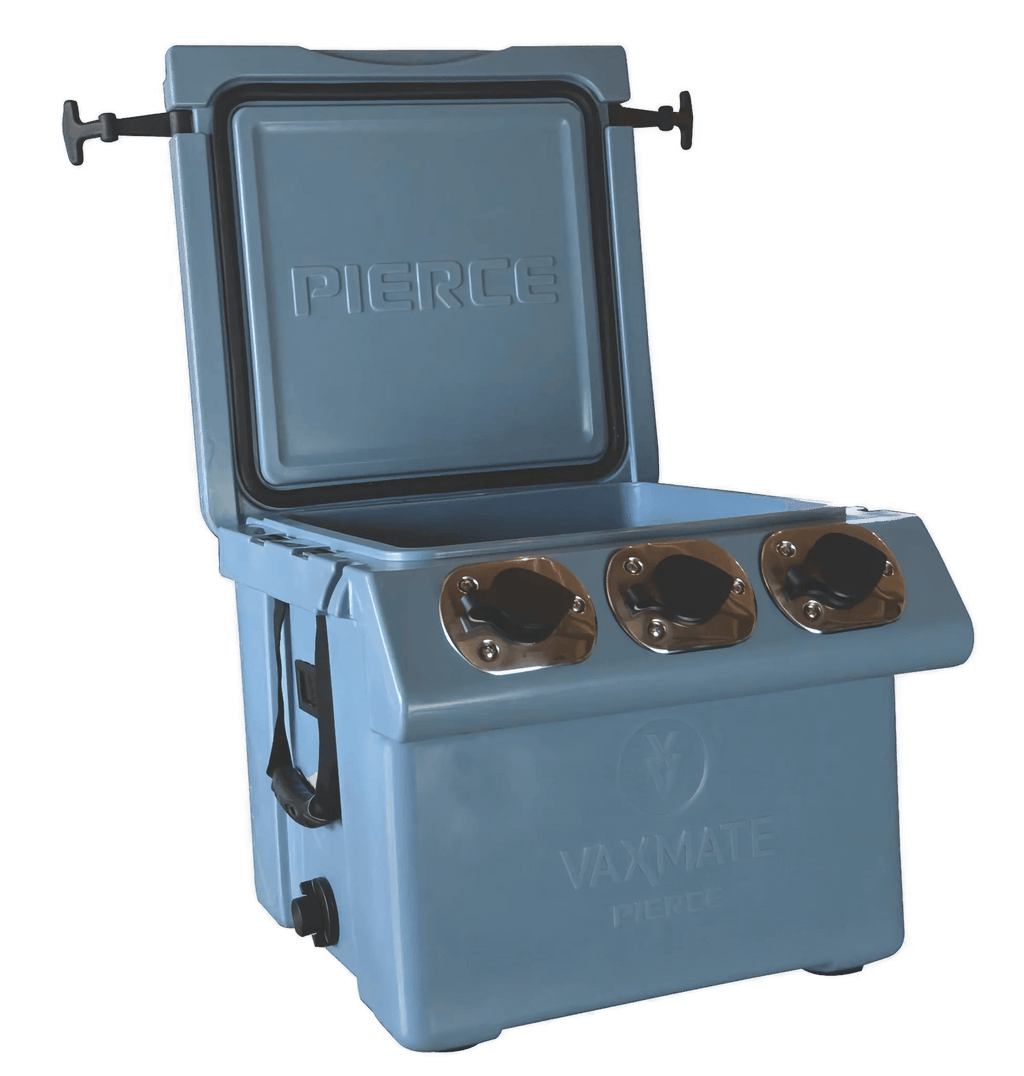 The VaxMate Vaccine Cooler by Ningbo Kuer Co., LTD CoolKayak is a blue insulated cooler with three rotating lids—perfect for secure livestock vaccine storage among veterinary supplies.