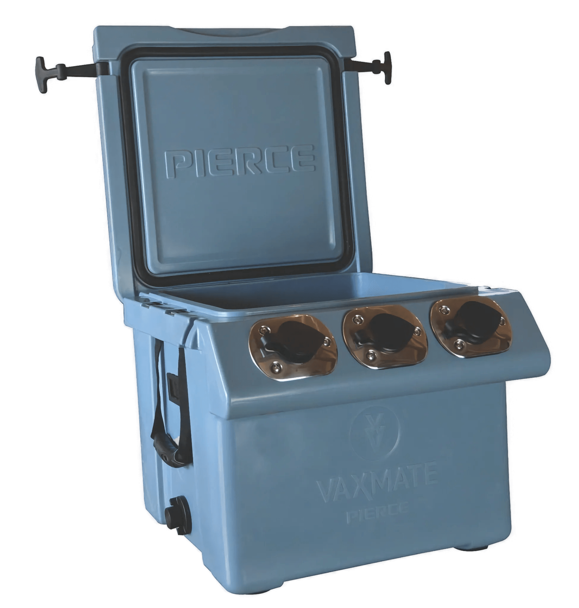 The VaxMate Vaccine Cooler by Ningbo Kuer Co., LTD CoolKayak is a blue insulated cooler with three rotating lids—perfect for secure livestock vaccine storage among veterinary supplies.