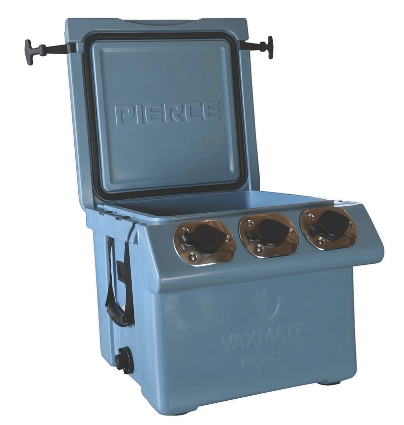 The VaxMate Vaccine Cooler by Ningbo Kuer Co., LTD CoolKayak is a blue insulated cooler with three rotating lids—perfect for secure livestock vaccine storage among veterinary supplies.
