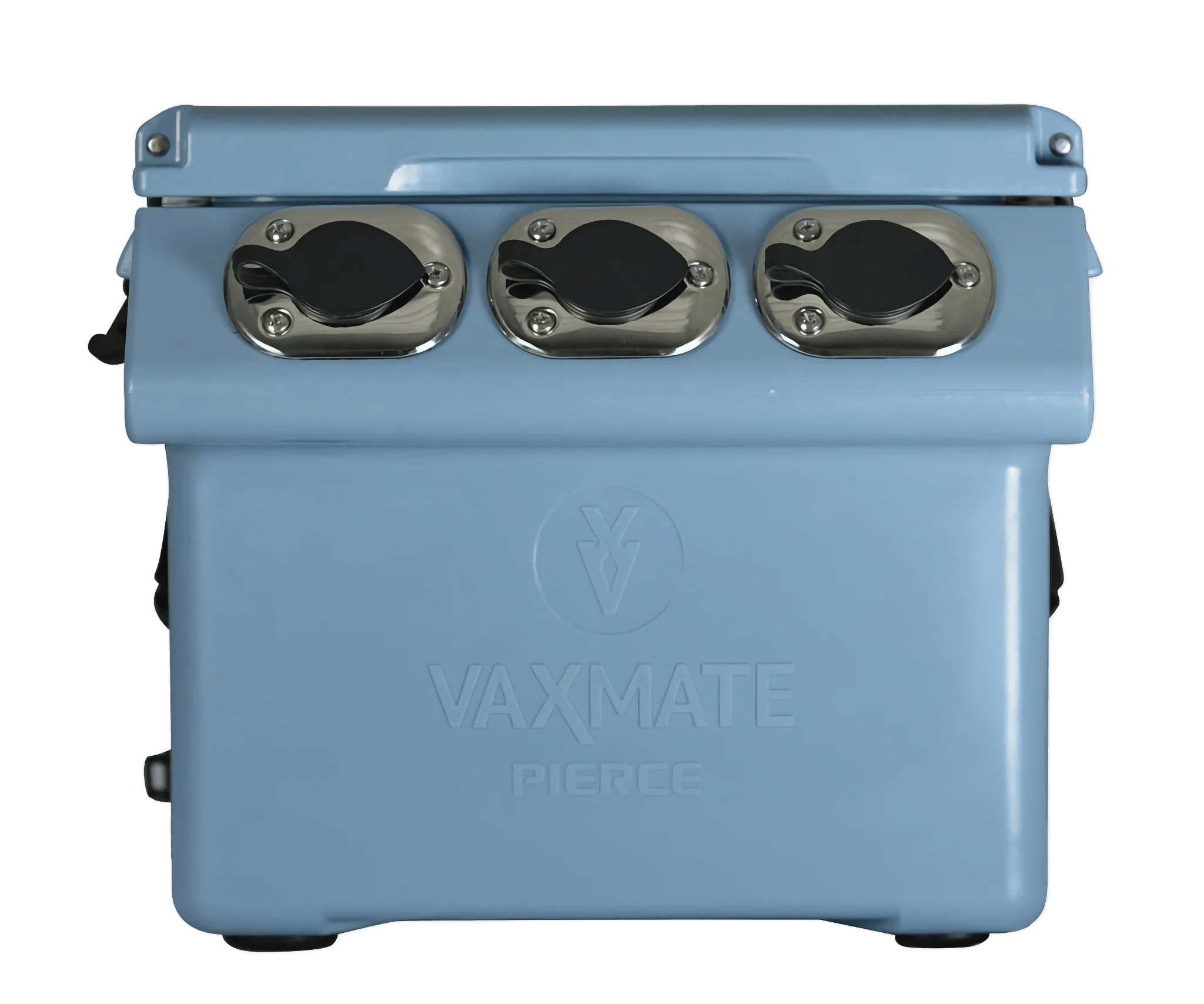 The VaxMate Vaccine Cooler by Ningbo Kuer Co., LTD CoolKayak features a light blue design with three top silver latches, viewed from the front—perfect for secure vaccine storage in veterinary settings.