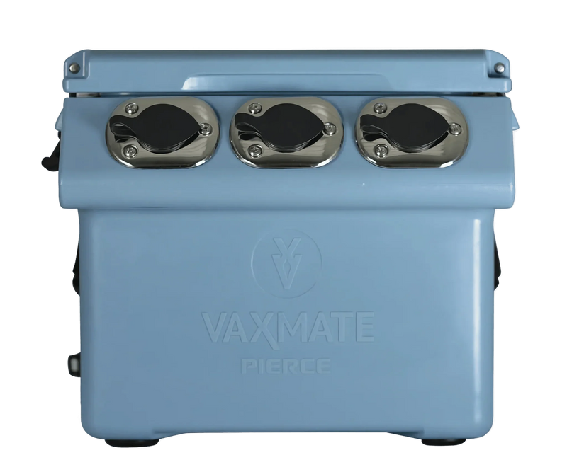 The VaxMate Vaccine Cooler by Ningbo Kuer Co., LTD CoolKayak features a light blue design with three top silver latches, viewed from the front—perfect for secure vaccine storage in veterinary settings.