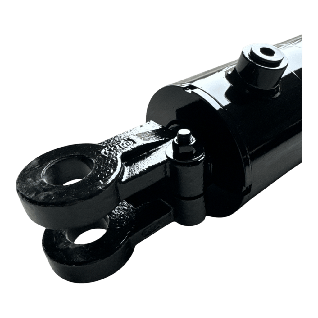 Close-up of a PIERCE welded hydraulic cylinder with 4 inch bore diameter, 14 inch stroke, mounting eye, and fittings on a white background.