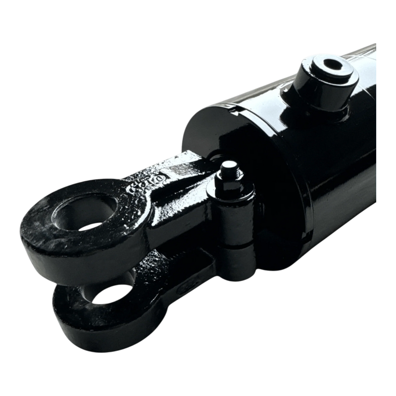 Close-up of a PIERCE welded hydraulic cylinder with 4 inch bore diameter, 14 inch stroke, mounting eye, and fittings on a white background.