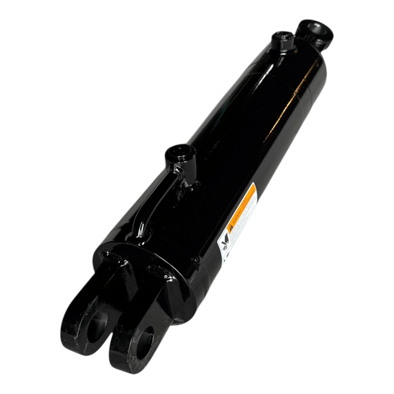 The PIERCE Hydraulic Cylinder features a welded design with a 4-inch bore diameter, 14-inch stroke, mounting brackets, and warning label. Shown in black on a white background, it's ideal for dump kit applications.