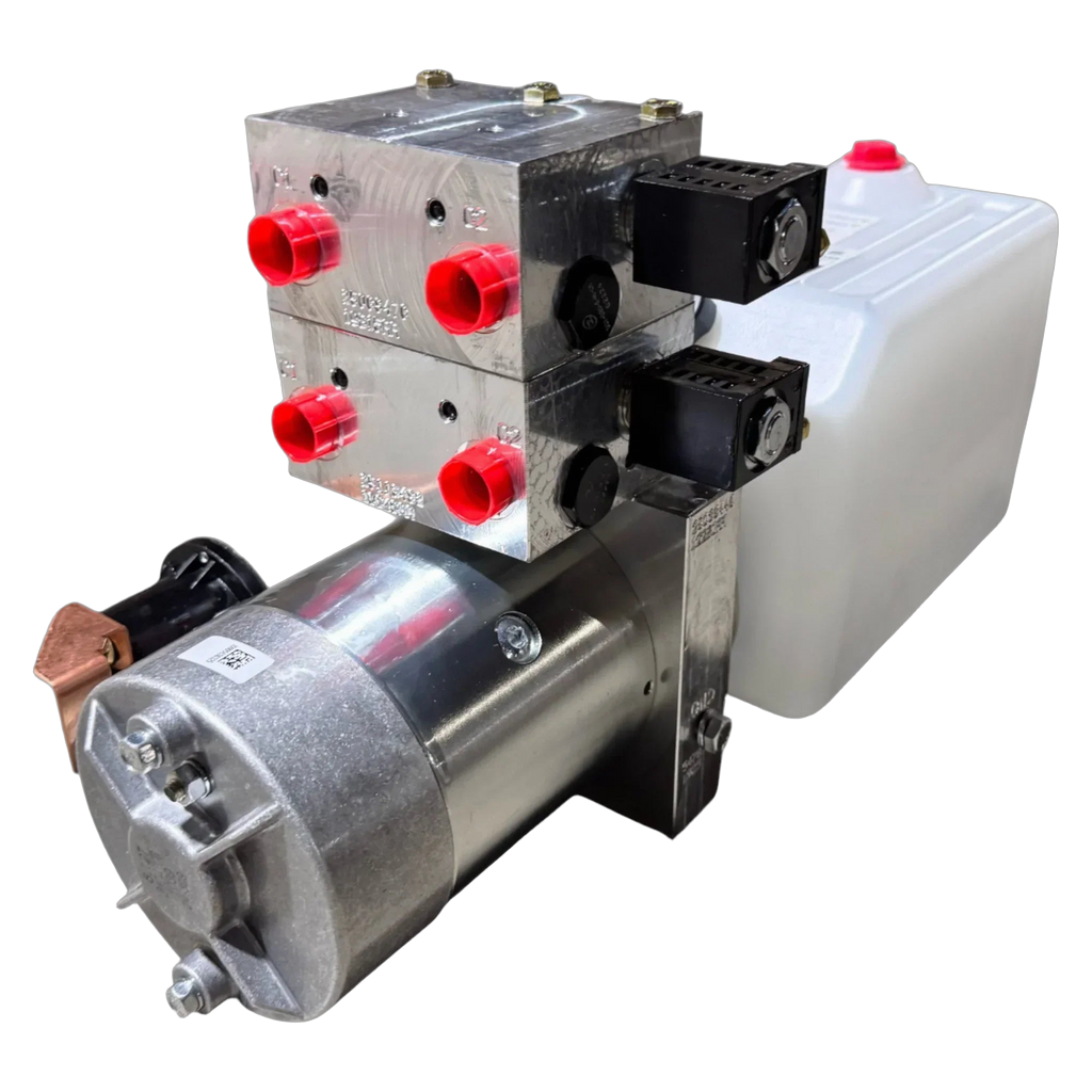 Hydraulic power unit featuring a Bucher Hydraulics, Inc. 4 Way Pump, reservoir, pump, motor, mounted valve block with red port covers, and an adjustable relief valve for optimal performance.
