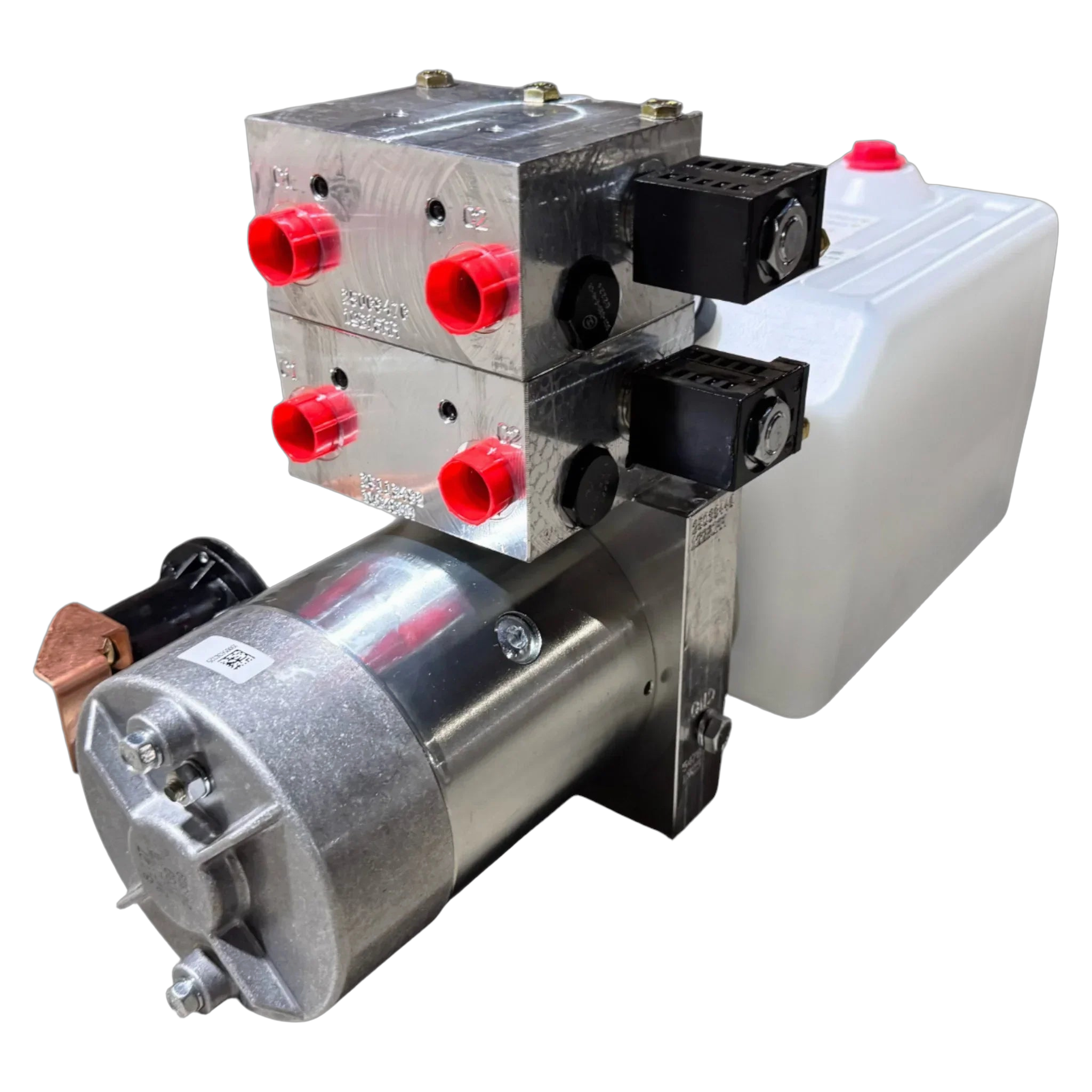 Hydraulic power unit featuring a Bucher Hydraulics, Inc. 4 Way Pump, reservoir, pump, motor, mounted valve block with red port covers, and an adjustable relief valve for optimal performance.