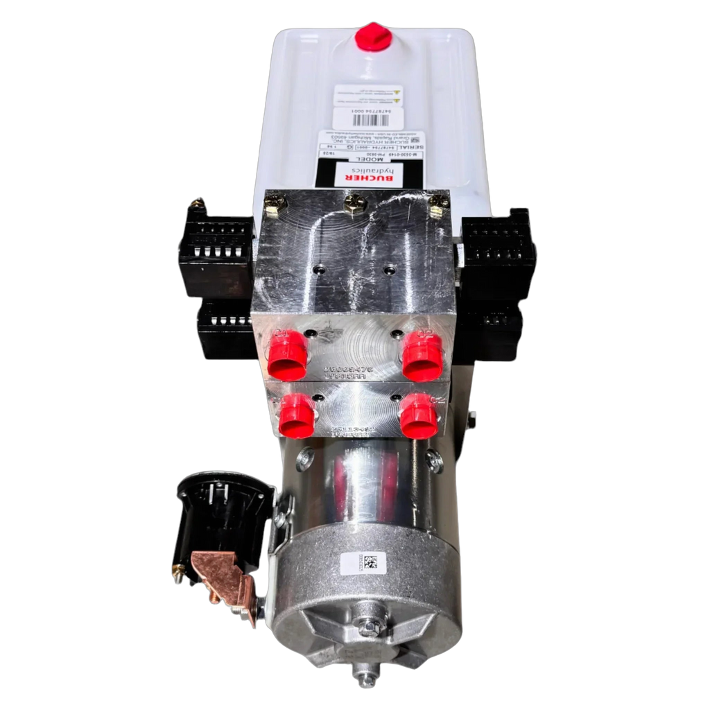 The Bucher Hydraulics, Inc. Bucher 4 Way Pump features a white fluid reservoir, adjustable relief valve, and red-capped ports, shown from above.