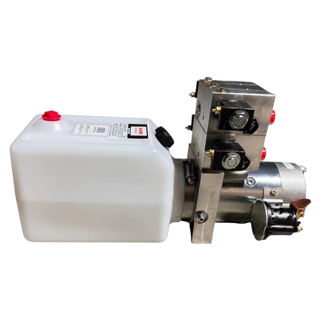 The Bucher Hydraulics, Inc. Bucher 4 Way Pump features a white reservoir tank, metal components, and an adjustable relief valve, shown in a side view.