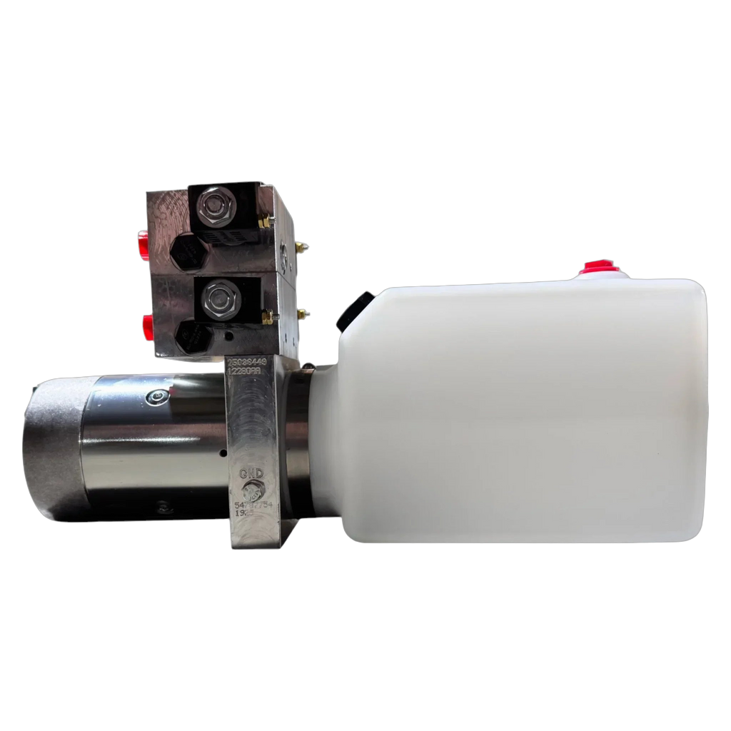 Bucher Hydraulics, Inc. Bucher 4 Way Pump hydraulic power unit with rectangular plastic reservoir and metal pump assembly, featuring an adjustable relief valve—ideal for dual power circuit use, shown on a white background.