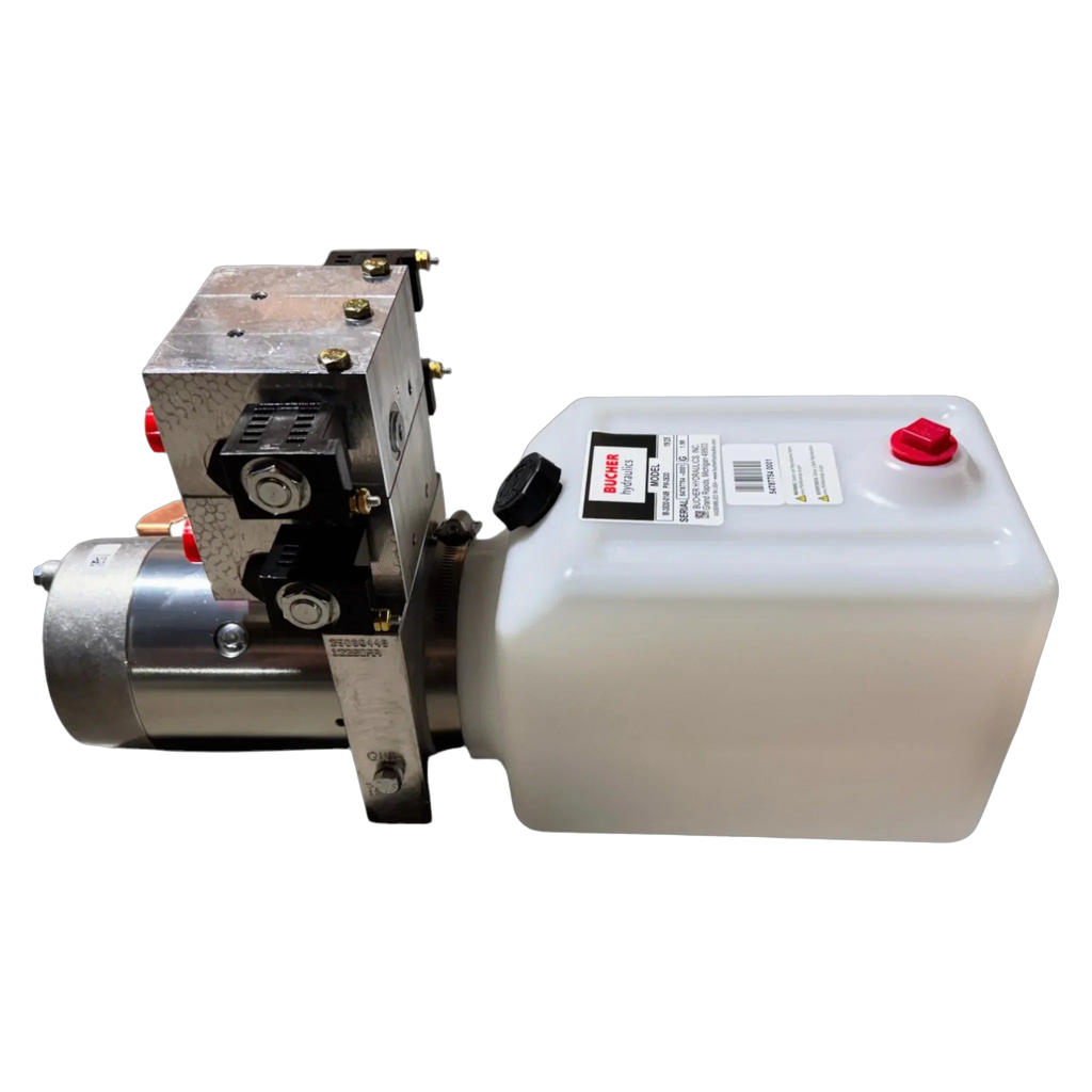 The Bucher 4 Way Pump by Bucher Hydraulics, Inc. features a white plastic reservoir, metal motor assembly, and adjustable relief valve, shown isolated on a white background.