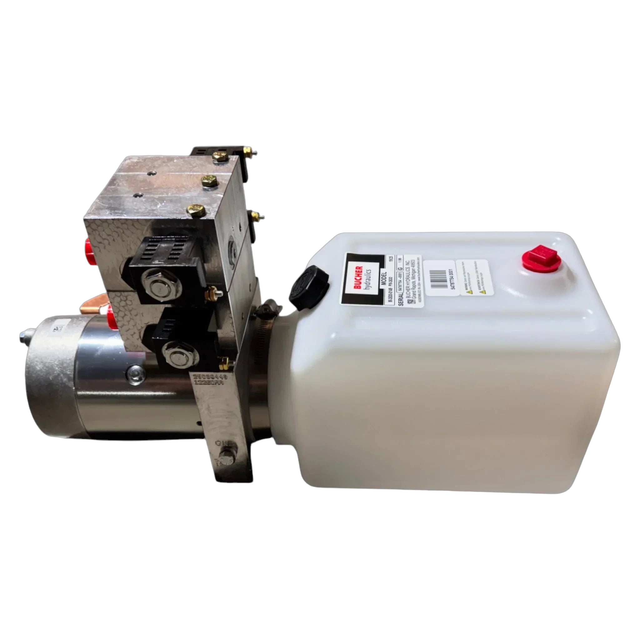 The Bucher 4 Way Pump by Bucher Hydraulics, Inc. features a white plastic reservoir, metal motor assembly, and adjustable relief valve, shown isolated on a white background.