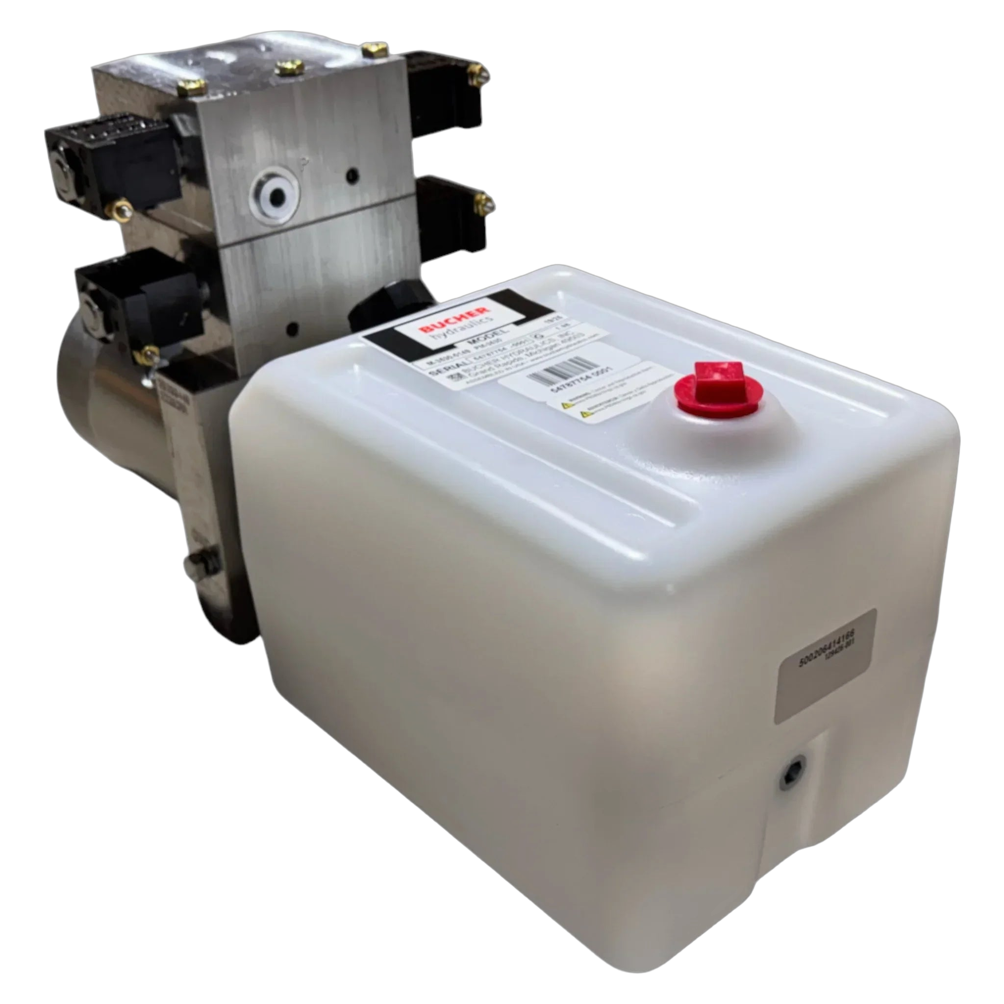 A white plastic fluid reservoir with a red cap is mounted to a Bucher Hydraulics, Inc. Bucher 4 Way Pump hydraulic assembly, which features an adjustable relief valve.