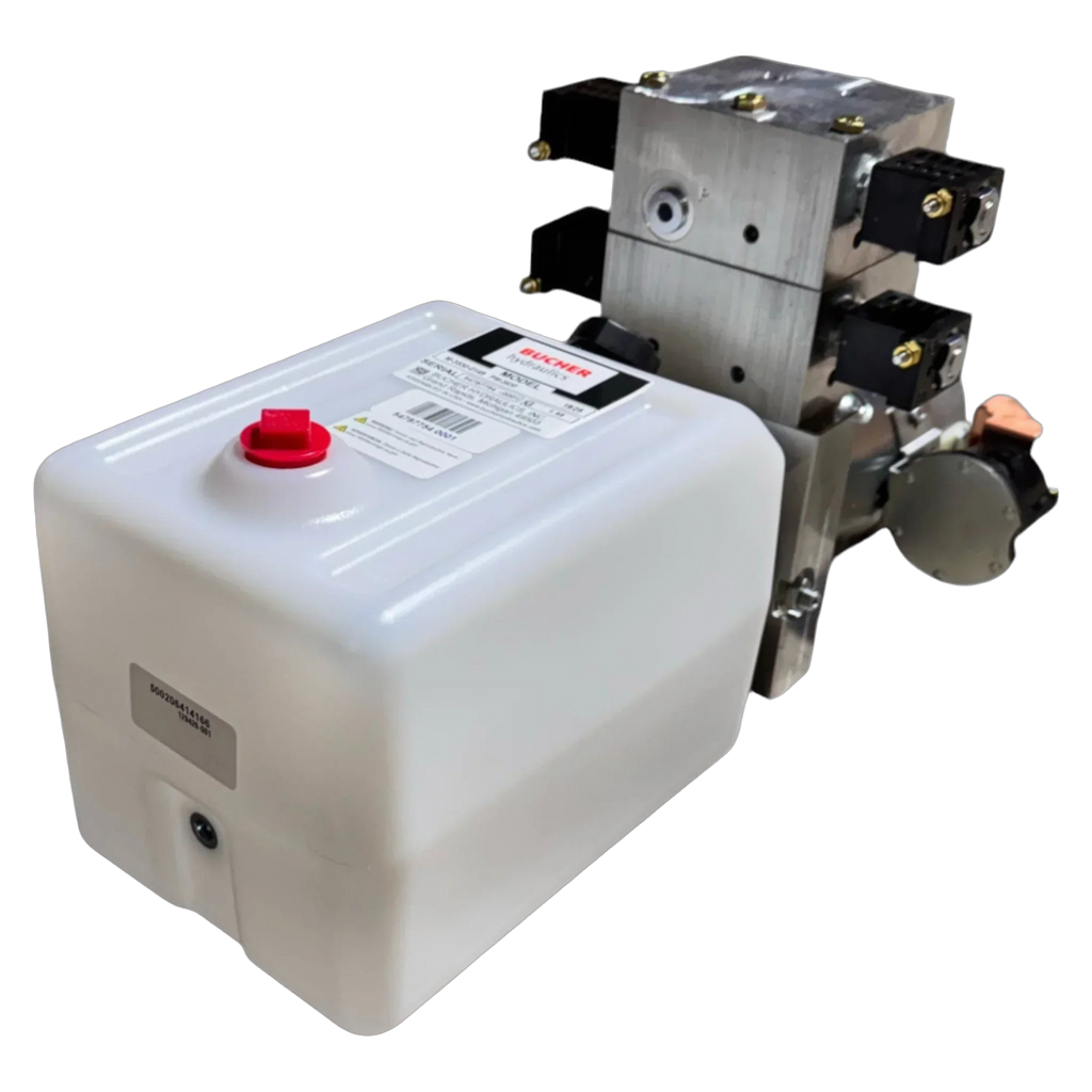 The Bucher 4 Way Pump by Bucher Hydraulics, Inc. features a white plastic reservoir, metal components, and an adjustable relief valve for precise pressure control.