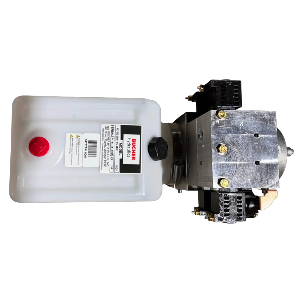 Bucher Hydraulics, Inc. Bucher 4 Way Pump features a white plastic reservoir, metal pump body, black mounts, an adjustable relief valve, and supports dual power circuit operation for versatile industrial use.