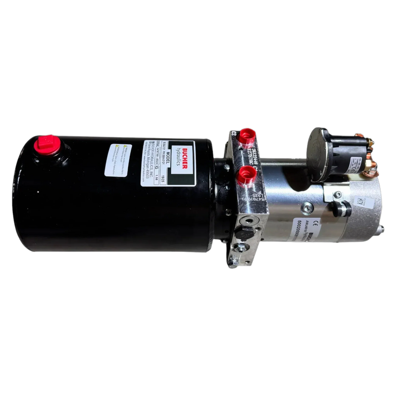The Bucher Dual Action (Power Up / Power Down) Hydraulic Pump by Bucher Hydraulics, Inc. features a black and silver design with red caps and warning labels, ideal for agricultural hydraulic power applications, shown on a white background.