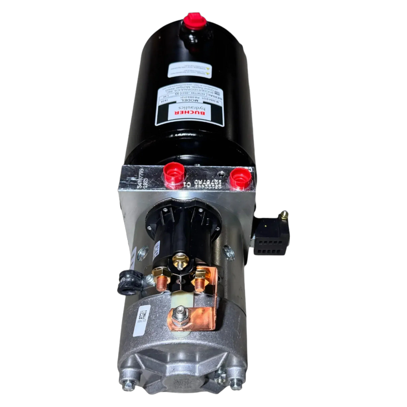 The Bucher Dual Action (Power Up / Power Down) Hydraulic Pump by Bucher Hydraulics, Inc. offers black and silver design, electrical terminals, and warning labels—ideal for agricultural hydraulic power unit applications.