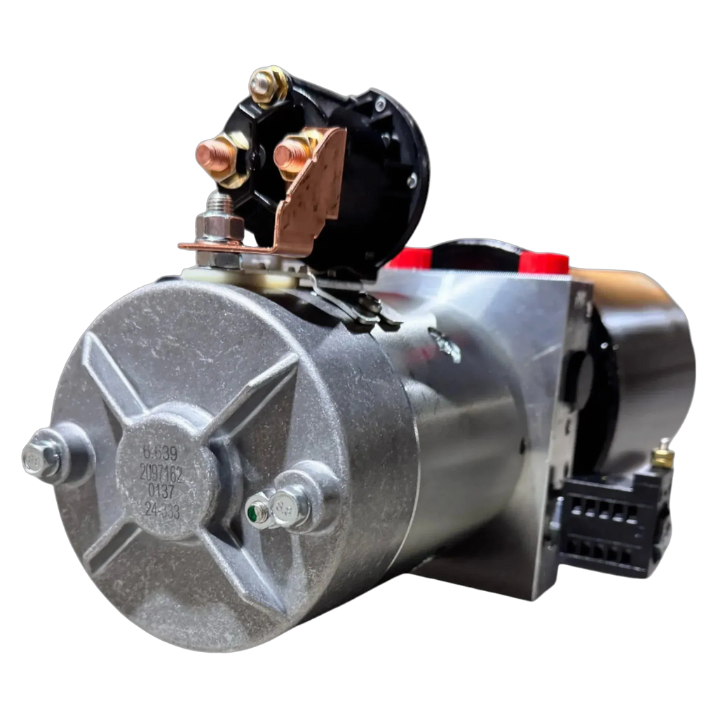 A close-up of a metallic starter motor with bolts and connectors, resembling components found in the Bucher Dual Action (Power Up / Power Down) Hydraulic Pump by Bucher Hydraulics, Inc.