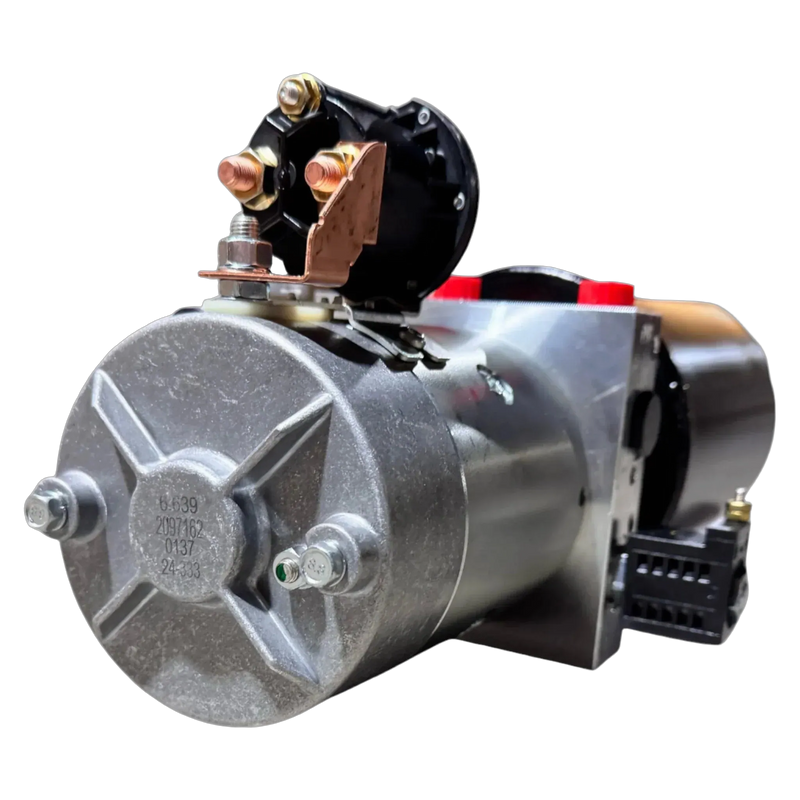 A close-up of a metallic starter motor with bolts and connectors, resembling components found in the Bucher Dual Action (Power Up / Power Down) Hydraulic Pump by Bucher Hydraulics, Inc.