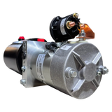 The Bucher Dual Action (Power Up / Power Down) Hydraulic Pump by Bucher Hydraulics, Inc. features a metal cylinder and attached solenoid—ideal for agricultural uses such as powering hydraulic bale spear pumps.