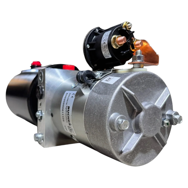 The Bucher Dual Action (Power Up / Power Down) Hydraulic Pump by Bucher Hydraulics, Inc. features a metal cylinder and attached solenoid—ideal for agricultural uses such as powering hydraulic bale spear pumps.