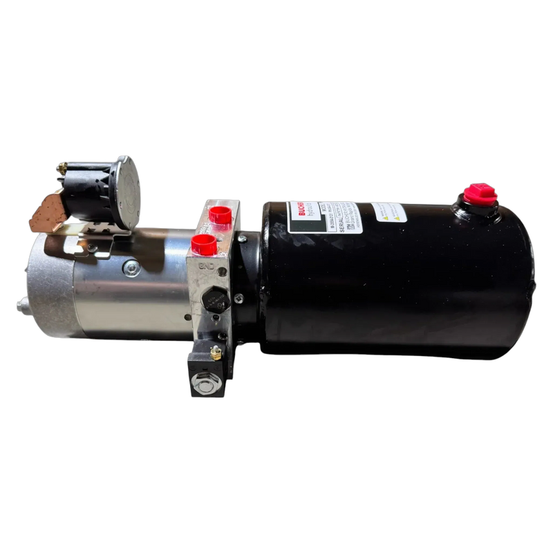 The Bucher Dual Action (Power Up / Power Down) Hydraulic Pump by Bucher Hydraulics, Inc. is a black and silver agricultural power unit with red and silver connectors on a white background, designed for dual action hydraulic applications.