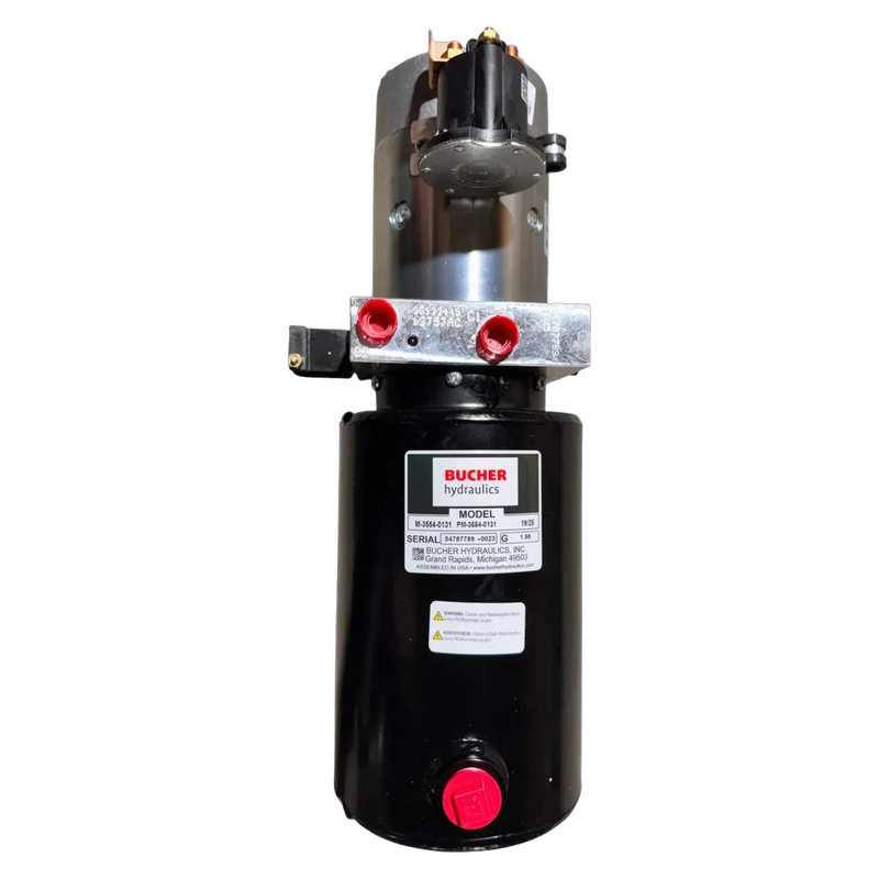 The Bucher Dual Action (Power Up / Power Down) Hydraulic Pump by Bucher Hydraulics, Inc. features labeled ports with red caps and is ideal as a hydraulic bale spear pump, displayed against a white background.