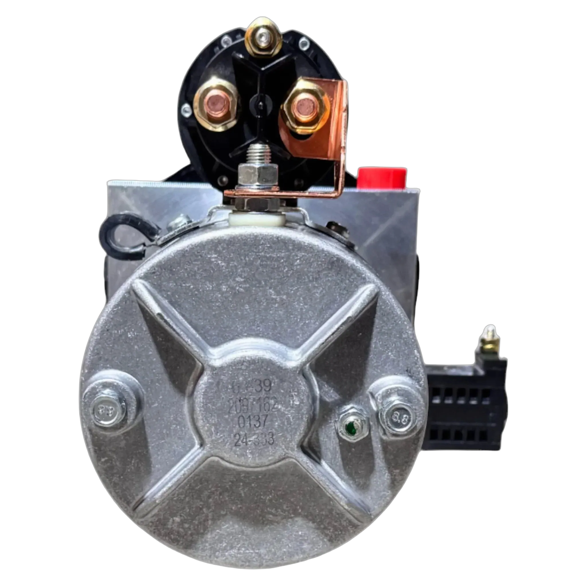 Close-up of a Bucher Dual Action (Power Up / Power Down) Hydraulic Pump by Bucher Hydraulics, Inc., showing terminals and metal casing against a white background—ideal for integration with an agricultural hydraulic power unit.