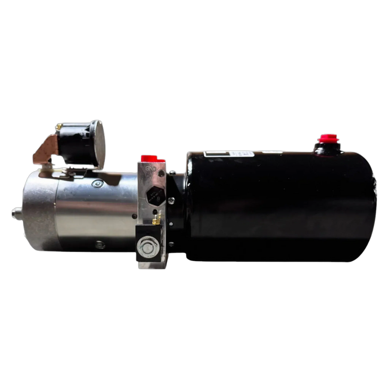 The Bucher Dual Action (Power Up / Power Down) Hydraulic Pump by Bucher Hydraulics, Inc. features a black and silver design with a visible motor, dual action pump, and control valve shown on a white background.