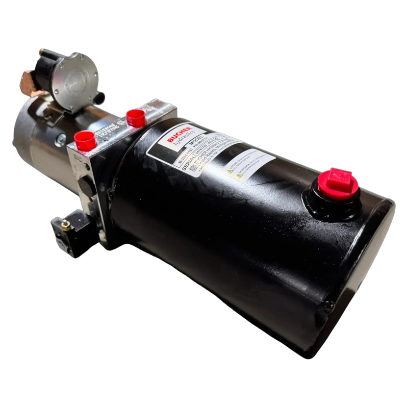 The Bucher Dual Action (Power Up / Power Down) Hydraulic Pump by Bucher Hydraulics, Inc. features a black body with red caps, a label, and metal and plastic parts—all displayed on a white background.