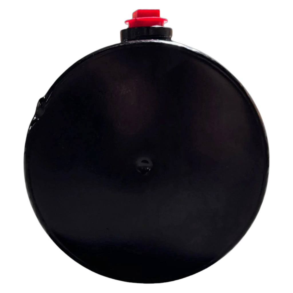 The Bucher Dual Action (Power Up / Power Down) Hydraulic Pump by Bucher Hydraulics, Inc. is a black circular unit with a small red button on top, shown against a white background.