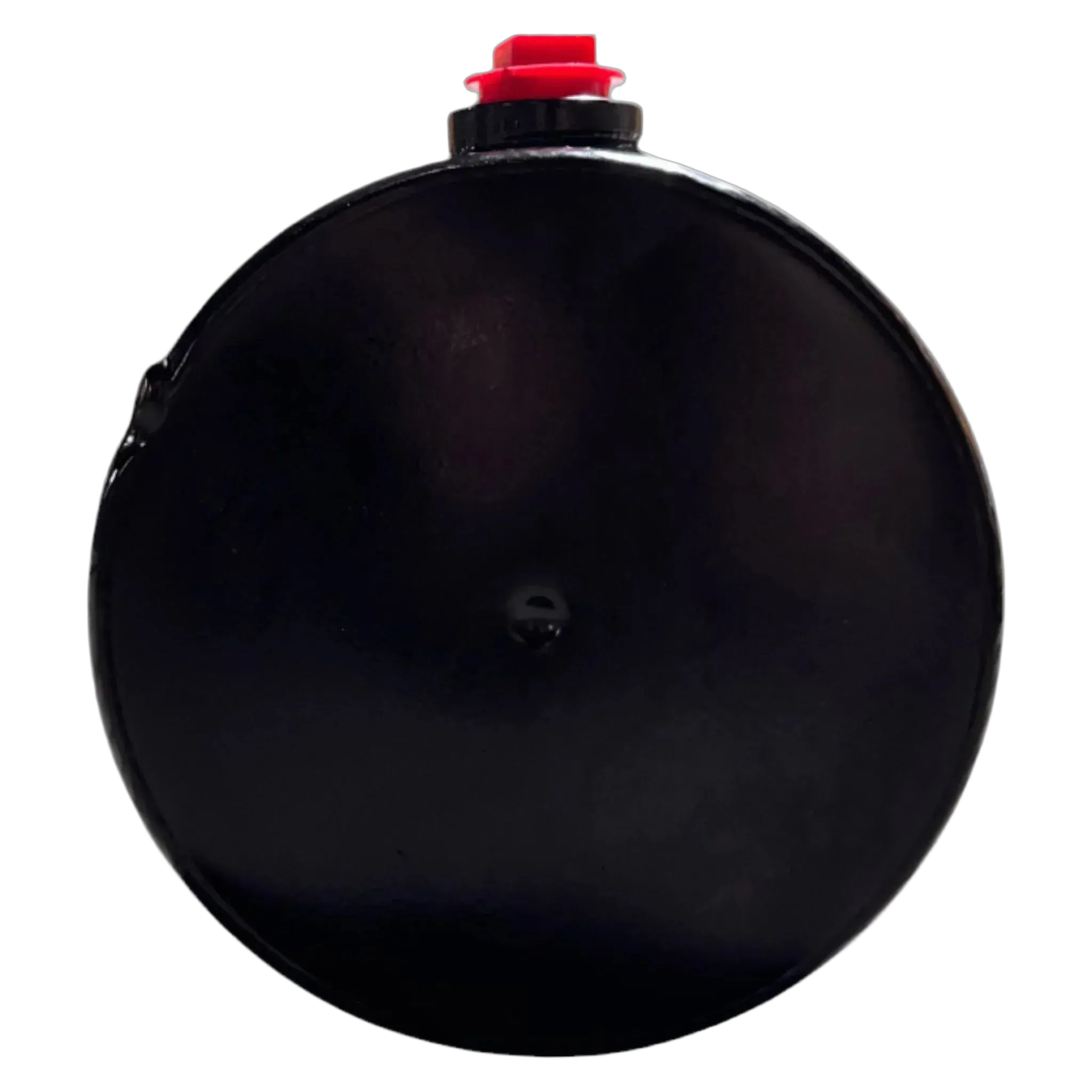 The Bucher Dual Action (Power Up / Power Down) Hydraulic Pump by Bucher Hydraulics, Inc. is a black circular unit with a small red button on top, shown against a white background.