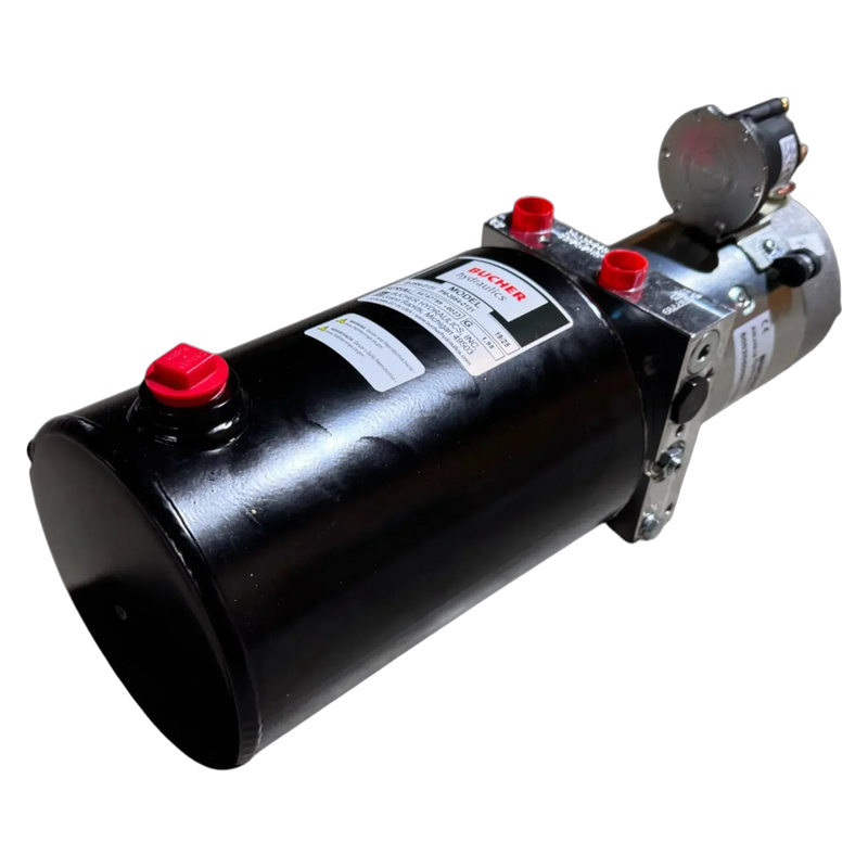 The Bucher Dual Action (Power Up / Power Down) Hydraulic Pump by Bucher Hydraulics, Inc. features a black hydraulic unit with red-capped ports and motor, ideal for use as a hydraulic bale spear pump or versatile dual action applications.